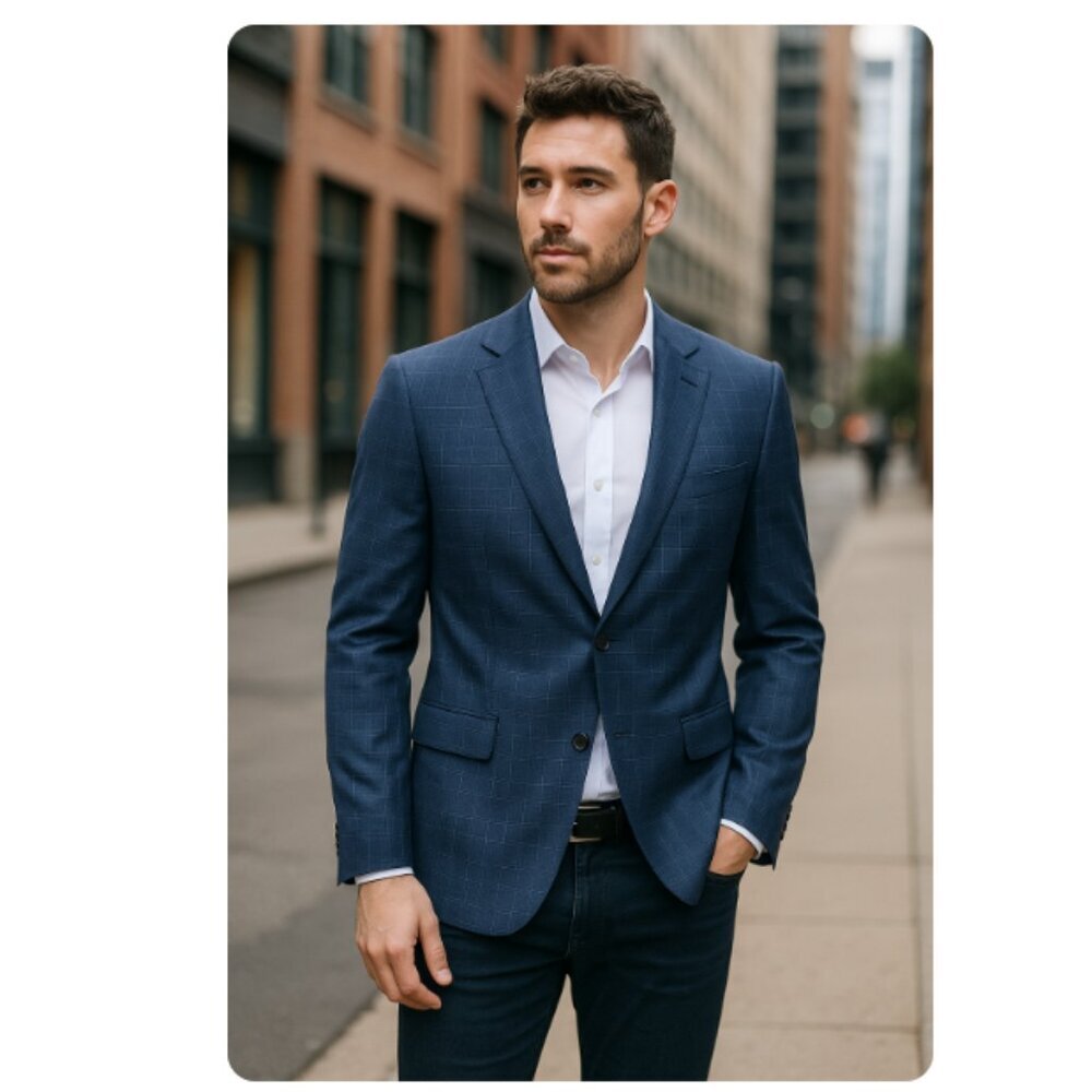 Hugo Boss Guabello Italy Dual Vent Navy Windowpane Plaid Blazer Jacket 38R - Picture 2 of 14